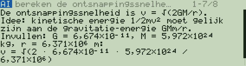 Op het scherm: een echt antwoord, de ontsnappingssnelheid stap voor stap.